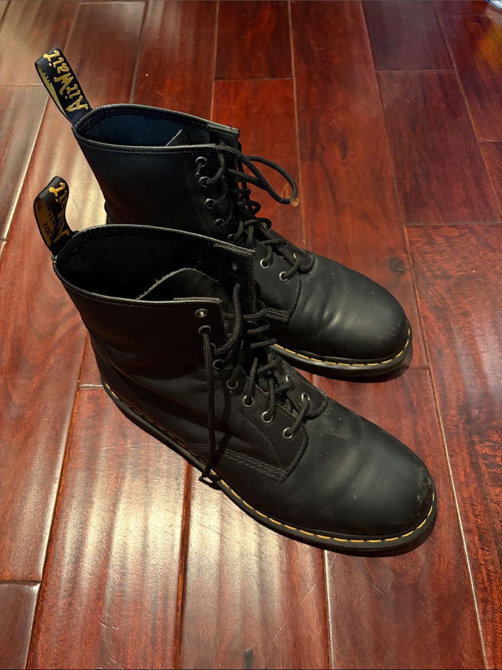 Dr. Martens Black Leather Lace-Up Boots with Yellow Stitching